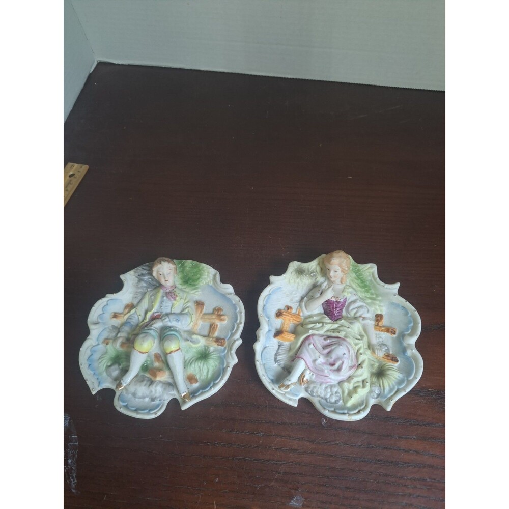 Set Of 2 1930s Chase Victorian Couple 3d Porcelain Bisque Round Wall Plaques...